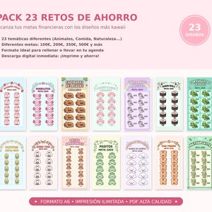 Puede incluir: Un conjunto de 12 rastreadores de ahorro ilustrados con temas como animales y comida, cada uno con un objetivo financiero diferente. Los diseños son de estilo kawaii, con texto en español. La imagen incluye el texto "PACK 23 RETOS DE AHORRO" y "23 DISEÑOS" sobre un fondo rosa.