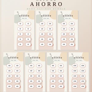 Puede incluir: Un paquete de descarga digital con siete plantillas de ahorro con un diseño bohemio. Cada plantilla muestra una cantidad total de ahorro diferente, que va desde 50€ hasta 1000€, con objetivos de ahorro individuales. El texto "RETO DE AHORRO" y "BOHO SAVINGS BUNDLE" son visibles.