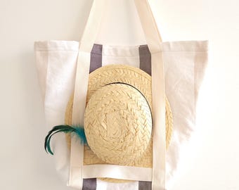 Upcycled Canvas Beach Tote – Large Summer Bag with Towel Holder