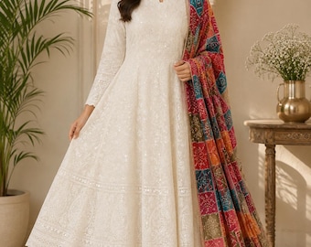 White Chikankari Anarkali Kurti Set | Cotton Sequins Dress, Silk Bandhej Dupatta