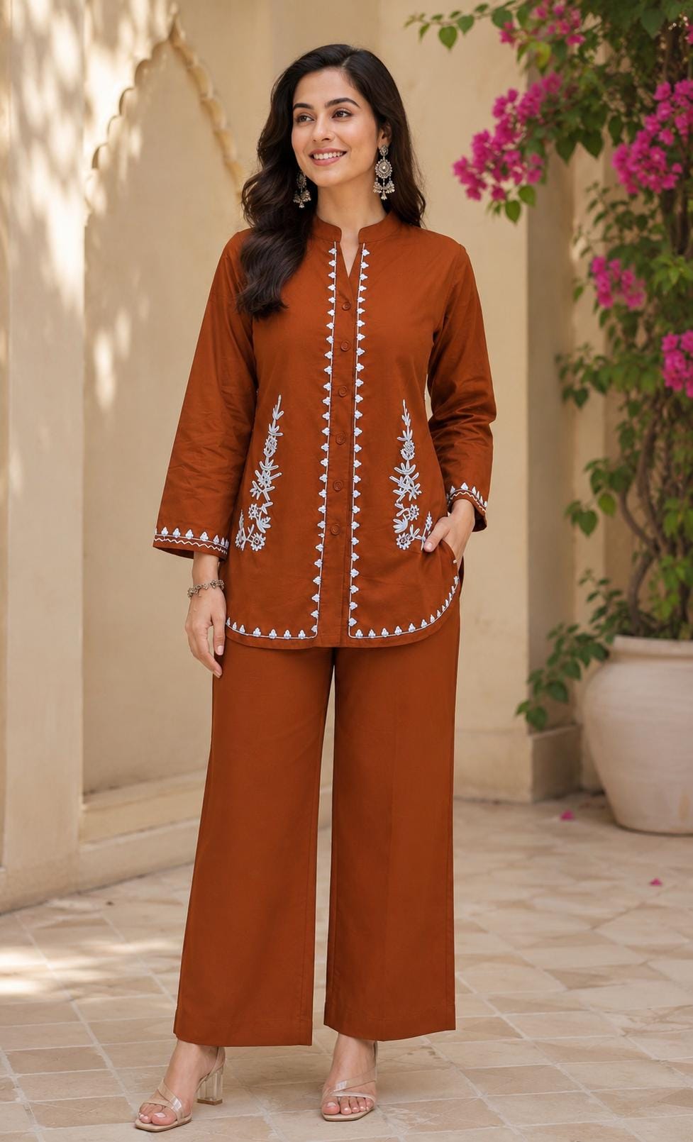 Hand Embroidered Cotton Co-ord Set Rust Navy Tunic Pants Women's Ethnic Fusion Wear