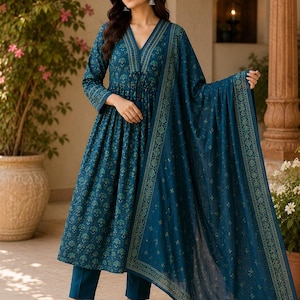 Pure Cotton Anarkali Suit Set, Handwork Mirror Yoke, Festive Ethnic Wear