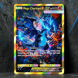 May include: A holographic trading card featuring Mega Charizard X with 360 HP. The artwork displays a dark blue dragon-like creature surrounded by vibrant orange and blue flames. Text includes Inferno X, 90x damage, and Mega Evolution ex rule.