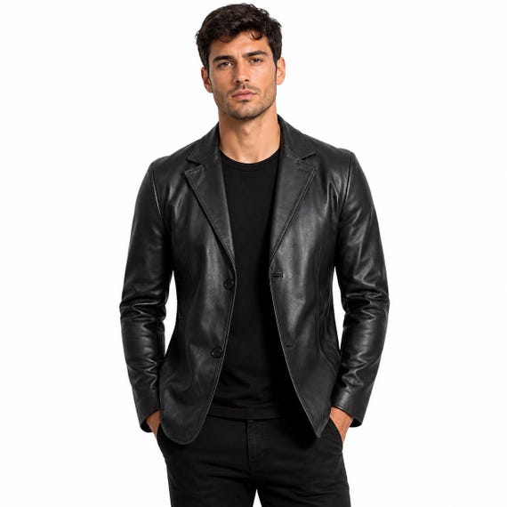 Men’s Black Leather Blazer Jacket – Slim Fit Minimalist Classic Coat