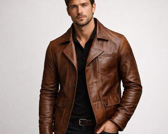 Men’s Brown Leather Jacket Vintage Style | Classic Slim Fit Biker Jacket | Casual Smart Leather Coat for Men
