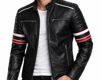 Men’s Black Leather Biker Jacket with Red White Stripes – Slim Fit Moto Racer Jacket
