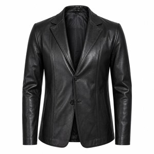 May include: A black leather blazer with a notched lapel and two-button closure. The long-sleeved jacket has a tailored fit and a classic design. The blazer is made of a smooth, shiny leather material.