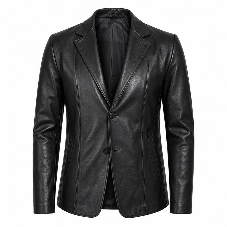 May include: A black leather blazer with a notched lapel and two-button closure. The long-sleeved jacket has a tailored fit and a classic design. The blazer is made of a smooth, shiny leather material.