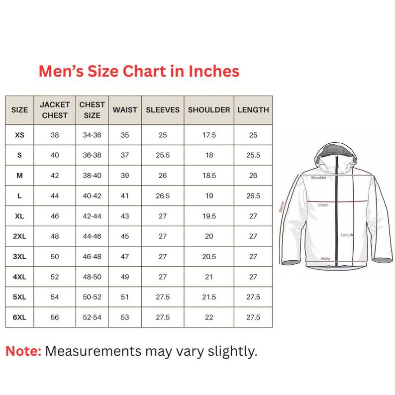 May include: A size chart in inches for men's jackets, with measurements for chest, waist, sleeves, shoulder, and length. Sizes range from XS to 6XL. The chart includes a diagram of a jacket with labeled measurement points. Note: Measurements may vary slightly.