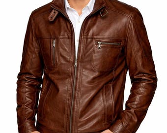 Men’s Brown Leather Jacket – Classic Zip-Up Slim Fit Biker Style Coat