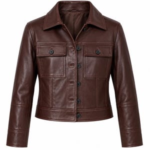 Veste en cuir marron pour femme, veste en cuir courte, veste en cuir vintage, veste boutonnée, veste utilitaire, vêtement d'extérieur d'automne