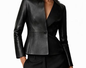 Elegant Women’s Black Leather Tailored Blazer Jacket – Slim Fit Structured Single Button Formal Office Wear Evening Style Coat