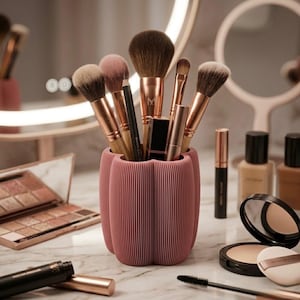 May include: A collection of makeup brushes with wooden handles and rose gold ferrules are displayed in a ribbed, dusty rose-colored holder. The holder is shaped like a pumpkin. Other makeup products, including eyeshadow palettes, mascara, and compacts, are visible in the background.