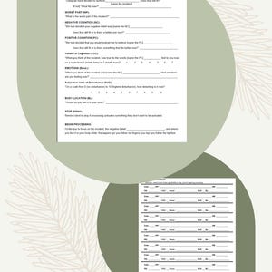 Puede incluir: Dos formularios de papel blanco con texto, incluyendo "EMDR ACCESS & ACTIVATE" y secciones para el objetivo, la peor parte y las emociones. Los formularios están sobre un fondo verde claro con un diseño de hojas decorativas.