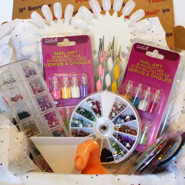 Nail Art Supply Ultimate Starter Kit including striping tape micro beads glitter rhinestones dotting tools practice finger care package