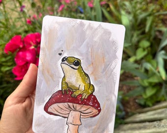 Frosch auf Fliegenpilz Kunstdruck | Märchenhafter Mini Print mit abgerundeten Ecken | Pilz Illustration | Wald Tier Wanddeko