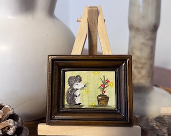 Acrylgemälde Maus mit Tomatenpflanze – Mini Bild gerahmt – Unikat 6,5 × 5,5 cm