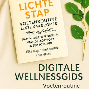Op de afbeelding: Een digitale wellnessgids met de titel "LICHTE STAP" in oranje letters. De gids bevat de tekst "VOETENROUTINE LENTE NAAR ZOMER" en "10-MINUTEN OEFENINGEN WANDELLOGBOEK & ZELFZORG PDF". Groene bladeren zijn rechts.