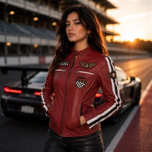 May include: A red leather jacket featuring a mandarin collar, a full-length front zipper, and two zippered chest pockets. The sleeves have white and black racing stripes, and the chest and shoulders are decorated with various embroidered patches.