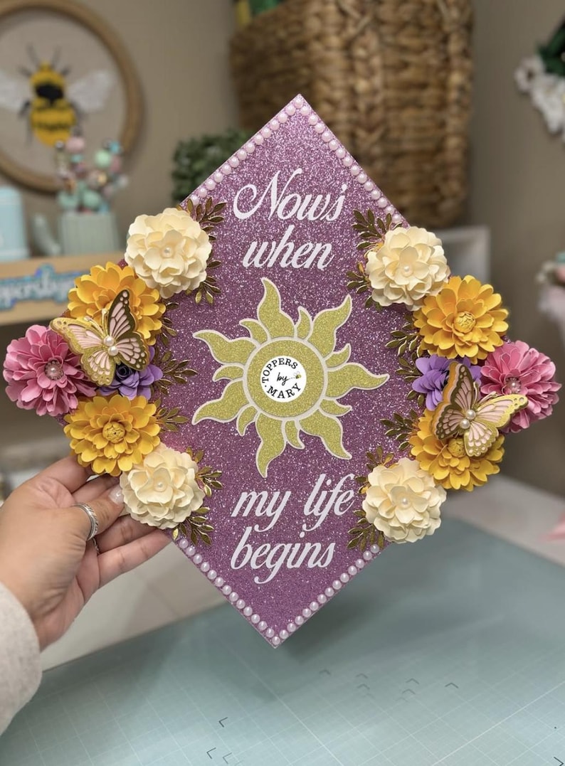 Custom Glitter Grad Cap Topper, Tangled Inspired, Floral Butterflies - Etsy