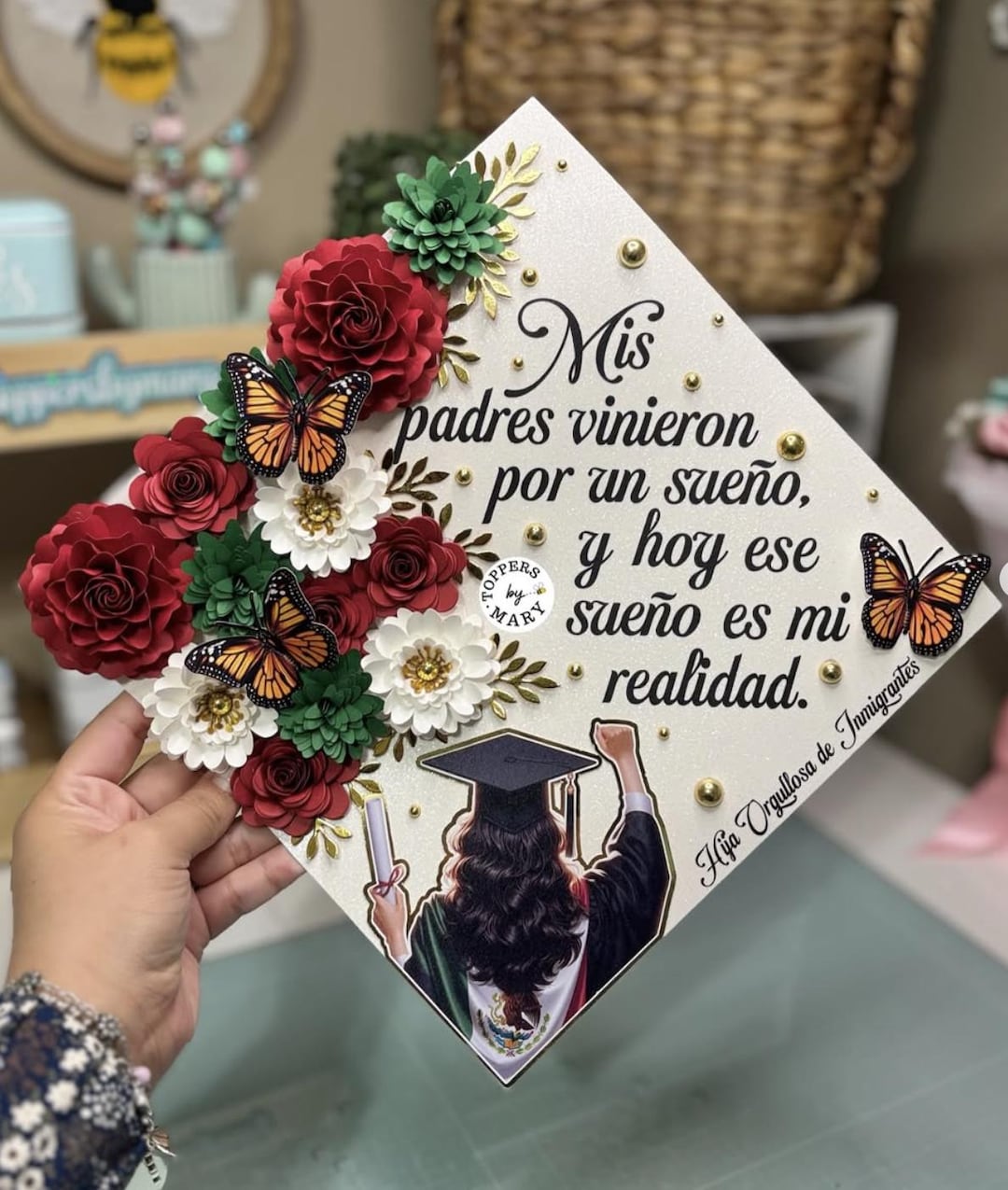 Custom White Glitter Grad Cap Topper, Mexican Inspired Floral Design ...
