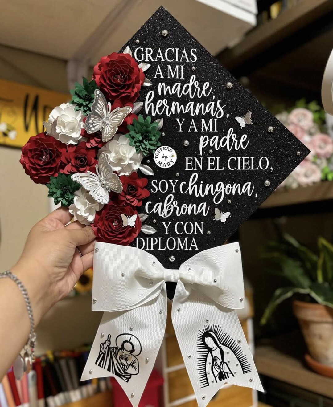Custom Grad Cap Topper, Glitter Black, Red Flowers, Virgen De Guadalupe ...