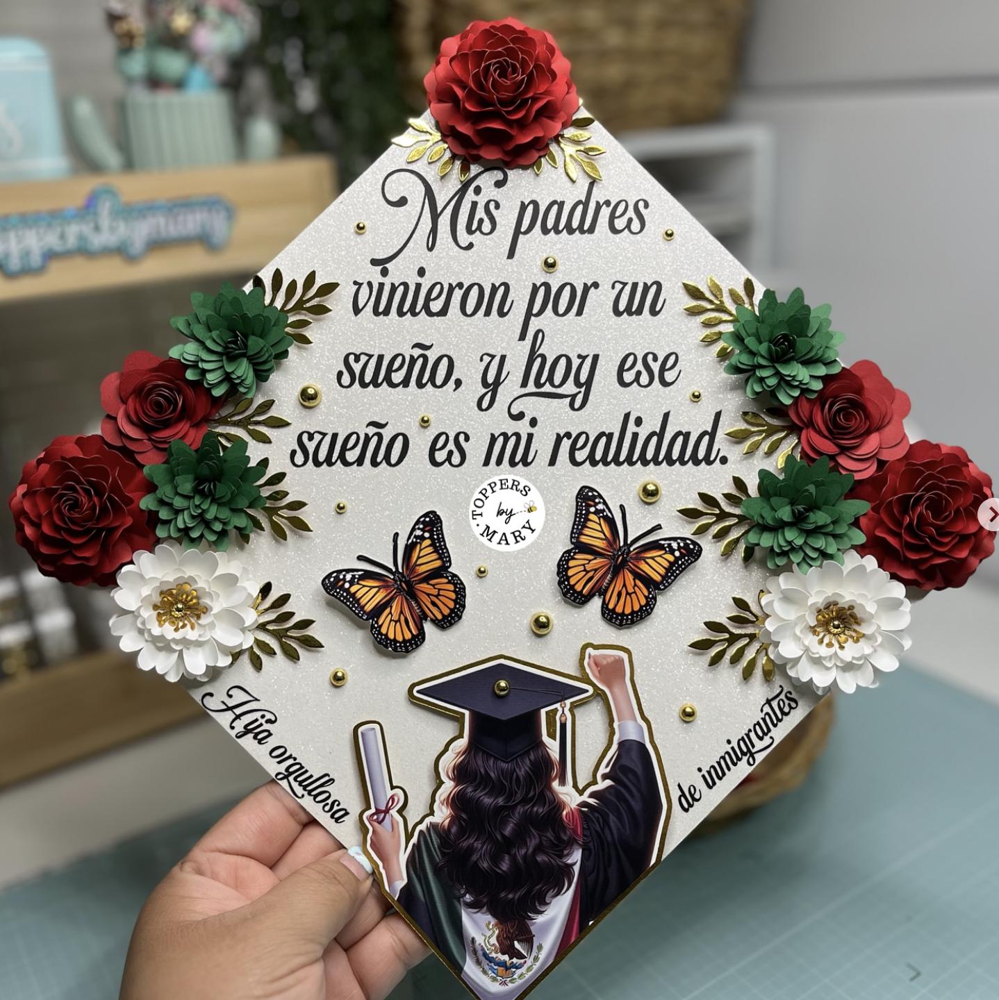 Custom White Glitter Grad Cap Topper, Mexican Inspired Floral Design ...