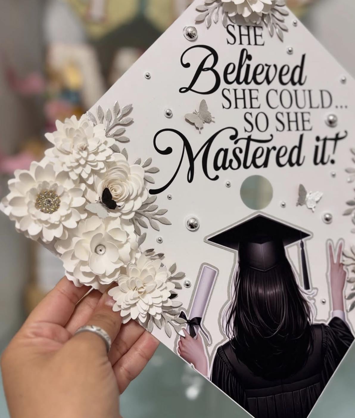Custom Graduation Cap Topper, White Floral Glitter Design, Graduation ...