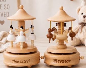Personalized Wooden Music Box–Ballerina Carousel, Musical Baby Keepsake Gift, Baby Shower & Newborn Gift, Kids Birthday Gift, Nursery Decor