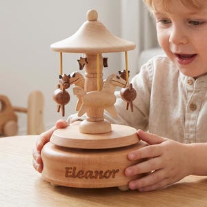 Personalized Baby Carousel Music Box – Custom Wooden Keepsake, Engraved Name Gift for Newborns & Baby Showers