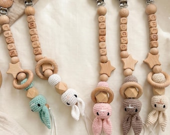 Custom Baby Name Pacifier Clip, Crochet Dummy Holder, Personalized Pacifier Clip, Baby Soother Clip, Baby Shower & Newborn Gift