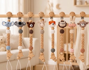 Attache-tétine personnalisée pour bébé, porte-tétine crocheté avec prénom animal, cadeau idéal pour nouveau-né, baby shower et nouvelle maman.