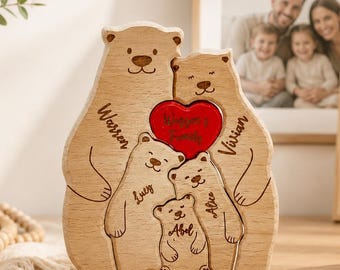 Rompecabezas personalizado de oso familiar: regalo de madera con nombre familiar grabado a medida, regalo único para cumpleaños, Día de la Madre y del Padre, recuerdo decorativo para el hogar.