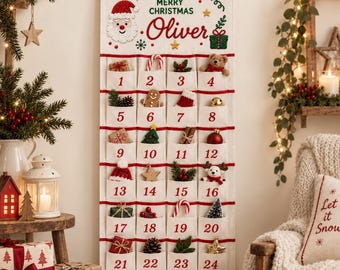 Calendario de Adviento navideño personalizado, calendario de tela con 24 bolsillos, cuenta regresiva navideña para niños, decoración de pared con nombre personalizado, regalo navideño