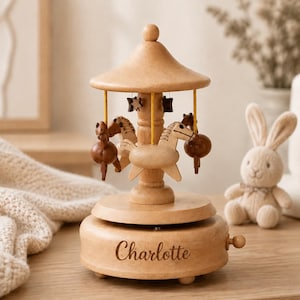 Personalized Baby Music Box, Custom Name Wooden Carousel Music Box, Baby Shower Gift, Newborn Keepsake Gift, First Birthday Gift