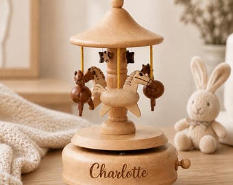 Personalized Baby Music Box, Custom Name Wooden Carousel Music Box, Baby Shower Gift, Newborn Keepsake Gift, First Birthday Gift
