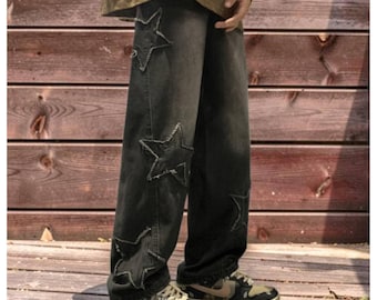 Oversized Men’s Streetwear Jeans with Star Detail – Casual Wide Leg Pants