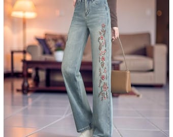 Floral Embroidery Denim Jeans - Women Wide Leg High Rise Pants - Relaxed Fit Statement Trousers