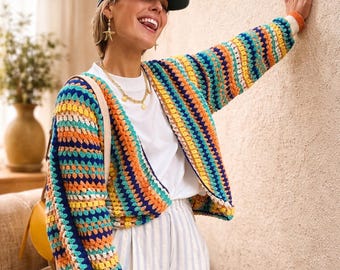 Handmade Rainbow Knit Cardigan Women - Colorful Striped Sweater - Boho Style Cozy Layer