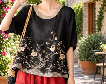 Damenbluse mit Blumenstickerei, locker geschnittene Kurzarm-Tunika, lässiges Sommeroutfit, vier Farben
