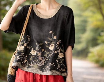 Women Floral Embroidery Cotton Shirt, Relaxed Fit Lightweight Tunic - Gift for Her