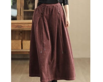 Women Corduroy Skirt With Pockets - High Waist Long Skirt - Minimalist Fall Outfit