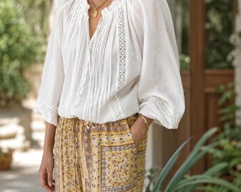 Boho-Bluse für Damen mit Spitzenbesatz, Knopfleiste, langen Ärmeln, lässiges Oberteil im Bauernstil für jeden Tag