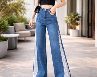 High Waist Wide Leg Jeans with Lace - Blue Denim Pants - Stylish Women Denim