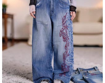 Women’s Embroidered Wide Leg Jeans – High Waist Baggy Denim Pants – Handmade Statement Trousers