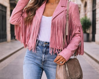 Handmade Suede Fringe Jacket Women, Boho Tassel Coat, Western Cropped Jacket, Festival Outfit