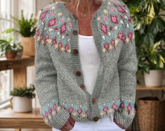 Women Floral Knit Cardigan - Soft Acrylic Cozy Sweater Jacket - Gift for Her