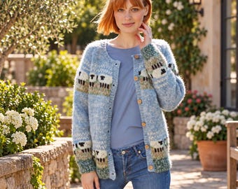 Gemusterter Damen-Cardigan, geometrische Strickjacke mit Knopfleiste, kuscheliger Langarm-Freizeitpullover
