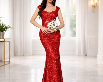 Luxury Glitter Maxi Dress, Women Formal Evening Wear, Fitted Sequin Gown, Bridesmaid Dress
