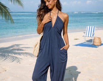 Frauen Neckholder-Jumpsuit, breites Bein, Strand-Outfit, rückenfreier Sommer-Strampler, lässige Urlaubsgarderobe
